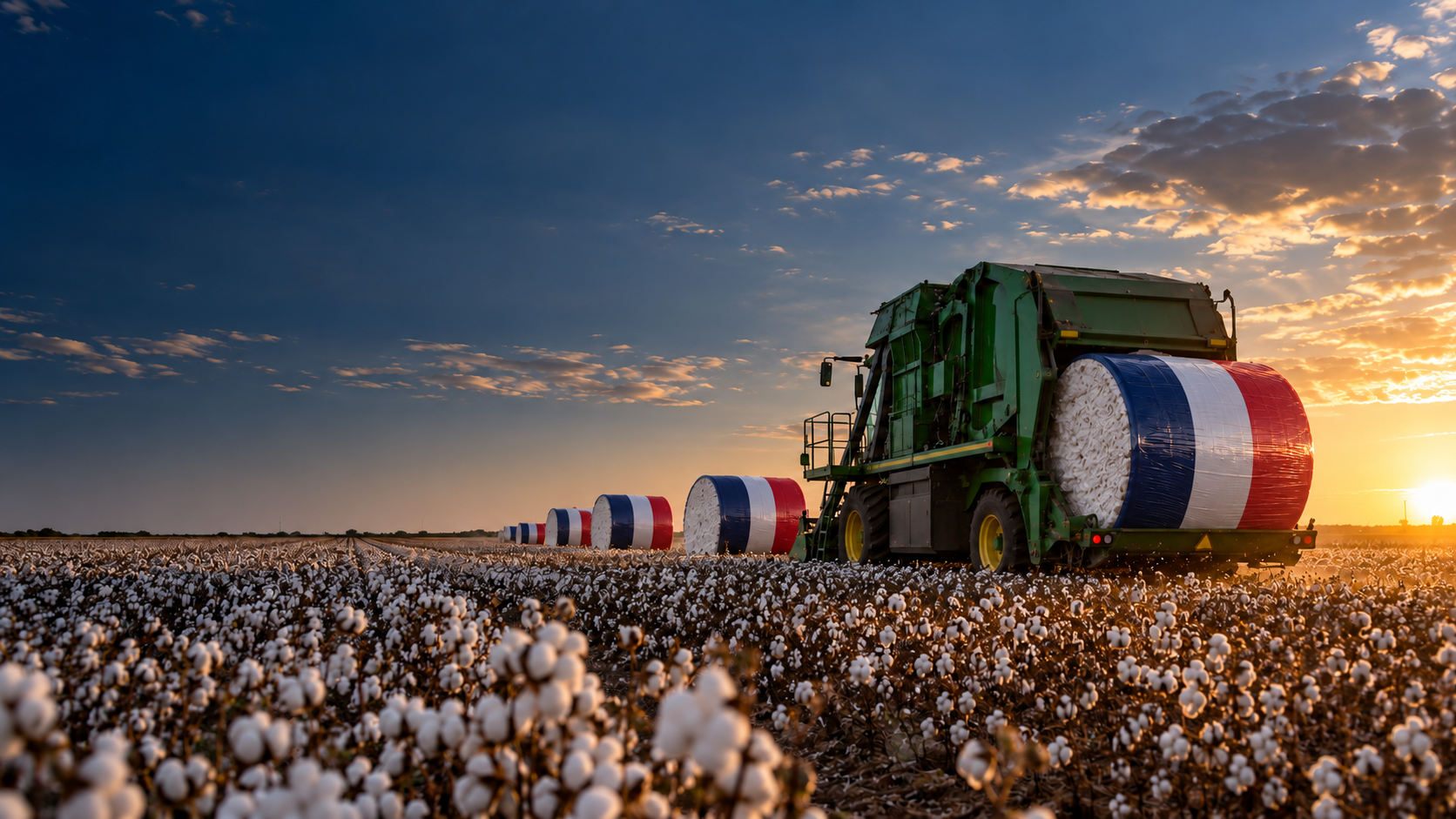 Round cotton modules in red, white, and blue wrap being harvested at sunset